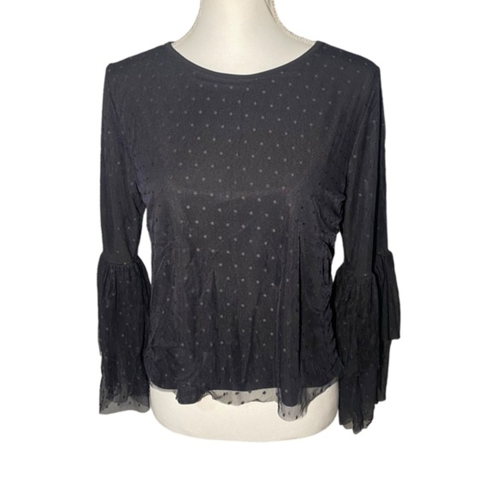 Pebble & Stone Women's Small Black Sheer Net Overlay Blouse Polka Dot Fluted
